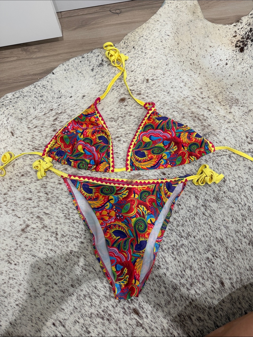 SHEIN Multicolor Paisley Triangle Bikini with Yellow Ties